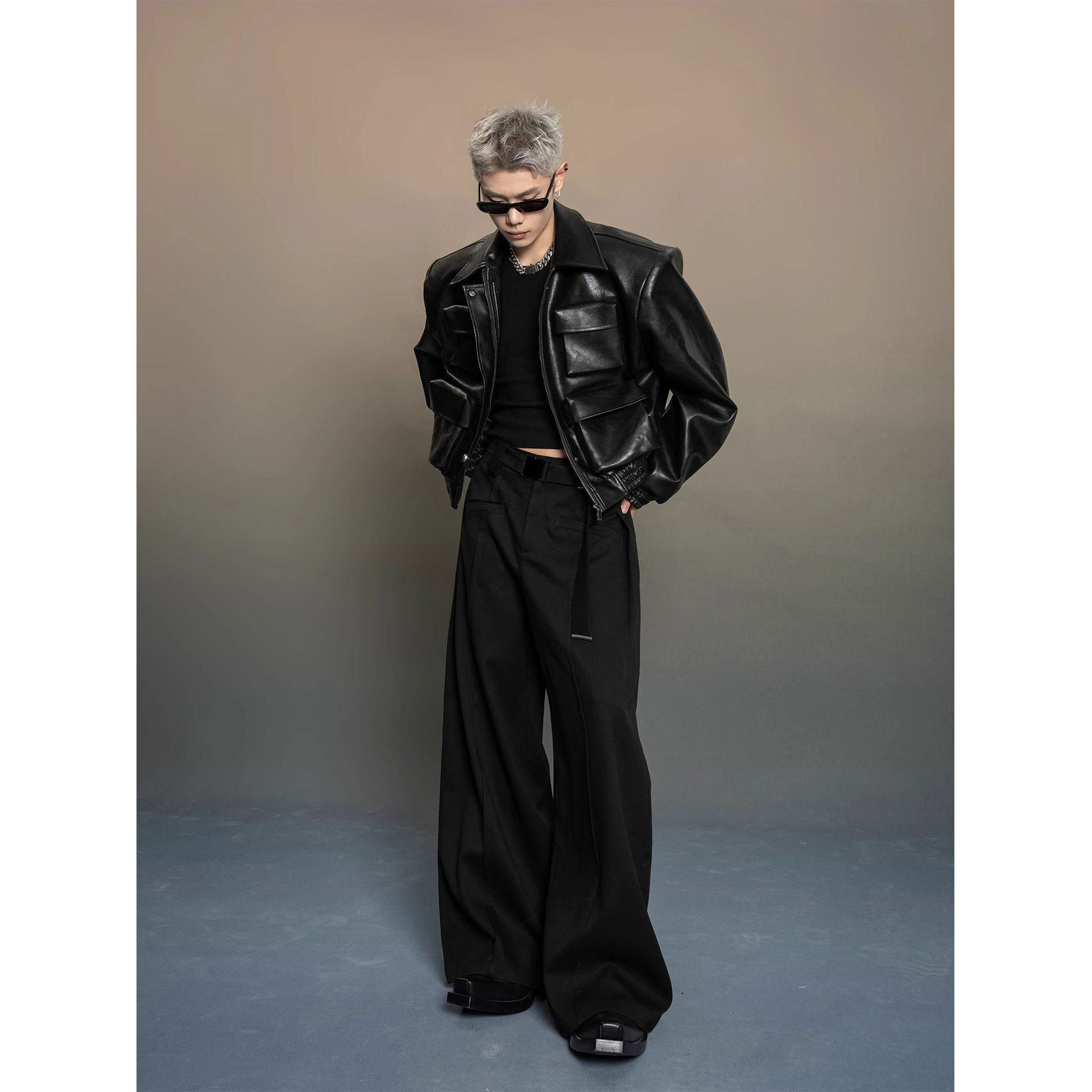 Korean Style Silhouette Design Leather Jacket for Mens Spring and Autumn New Loose Casual Versatile Jacket Top