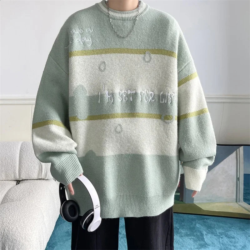 Contrasting Stripe Sweater Mens Autumn/Winter Korean Slouchy Style Large Loose Laydown Round Neck Knit 240821