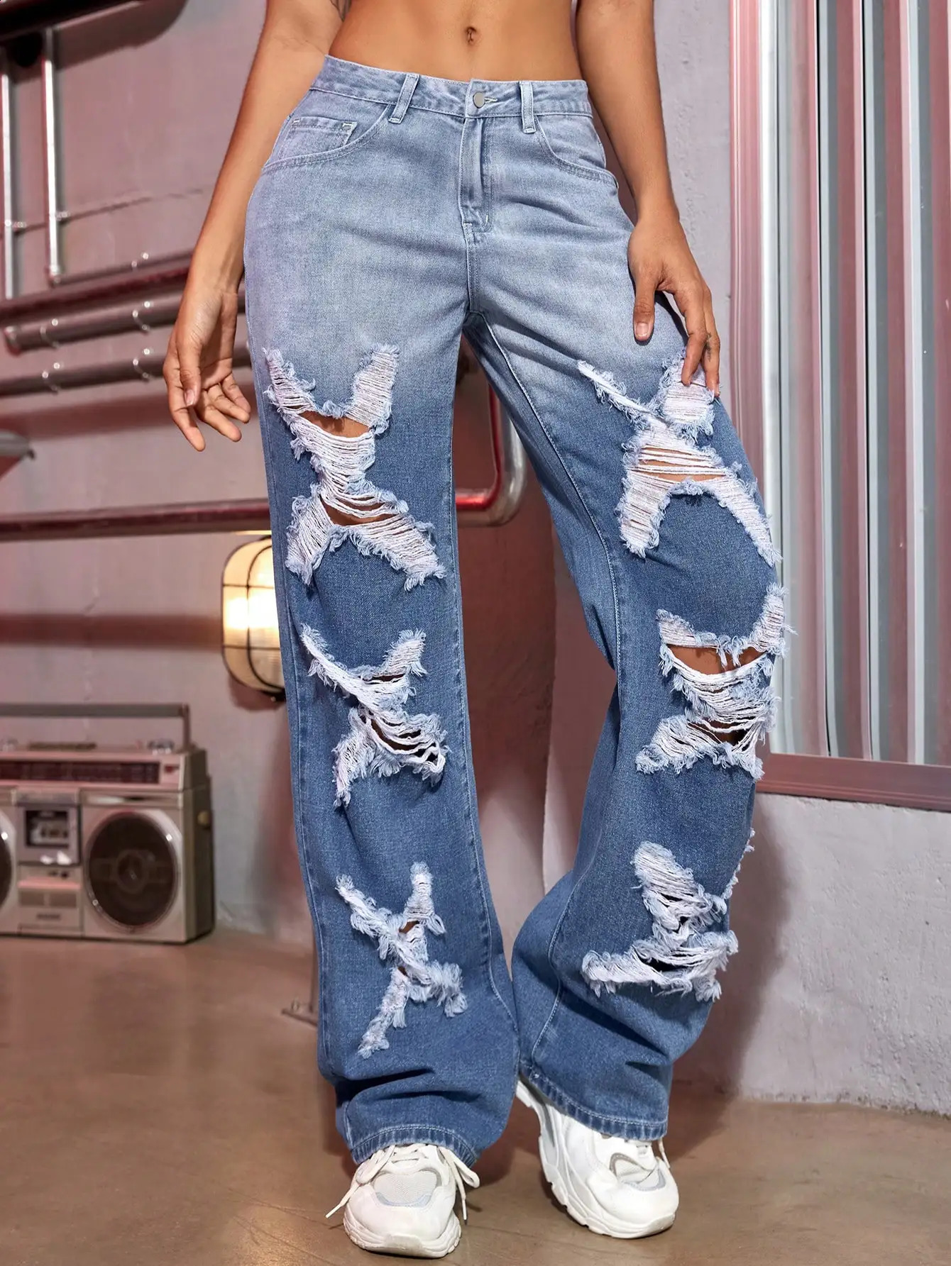 Y2K Women Ripped Jeans Color Contrast Split Shape Wide Leg Denim Trousers Strtwear Z260313