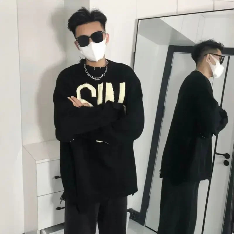 Mens black knitted sweater mens zipper torn letters with holes S cotton ner ious thick winter fashion A 240821