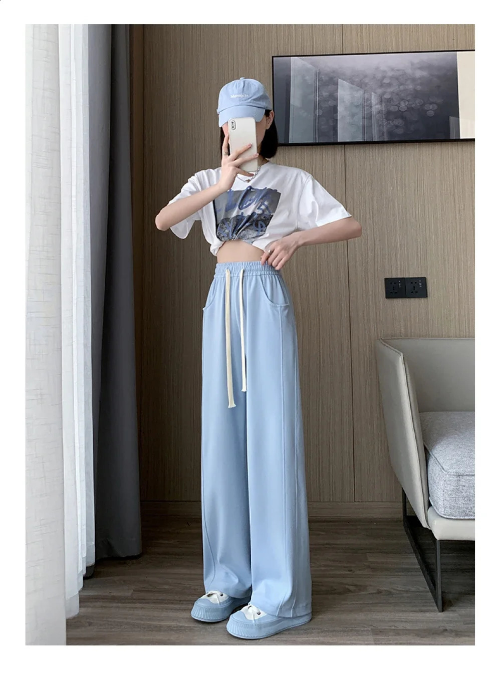 Blue Korean Fresh Drape Effect High Waist Trouser Fashion Female Summer Baggy Wide Leg Pants Street Classic Women Sweatpants Y2k 240821