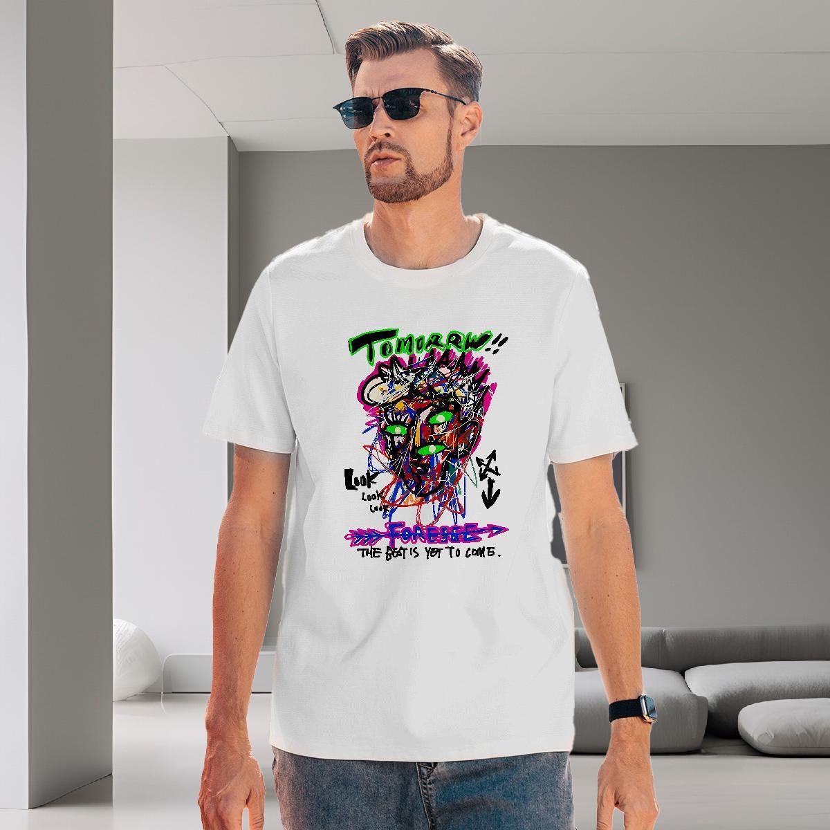 Wholesale Couples T Shirts 230g Cotton High Street Hip Hop tomorrw Round Neck Short Sleeve T-Shirts for Men Soft DIY Printed Tops Shirt