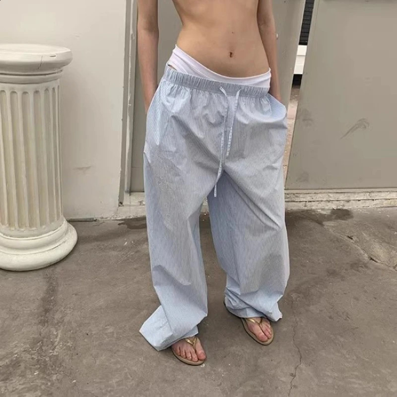 QWEEK Oversized Y2k Striped Womans Pants Baggy Harajuku Old Money Casual Basic Trousers Korean Fashion Wide Leg Elastic Waist 240821