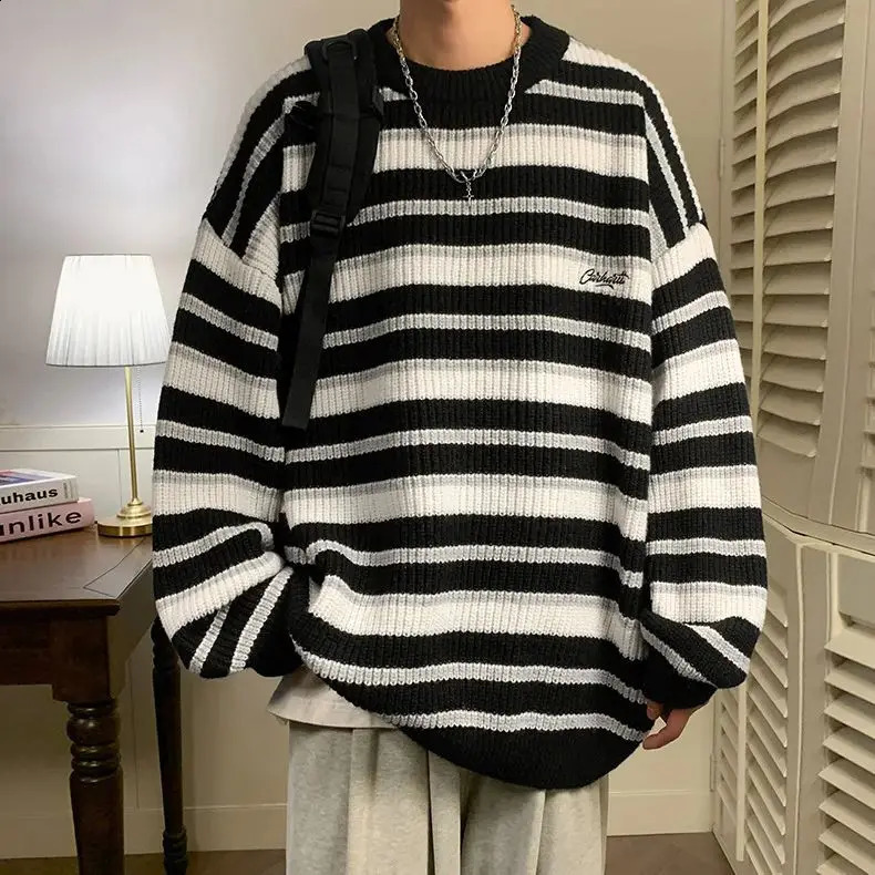 Lazy Retro Striped Sweater Men Women Autumn Winter Thick Knit Casual Embroidered Knit Pullover Sweater Jacket Couple 240821