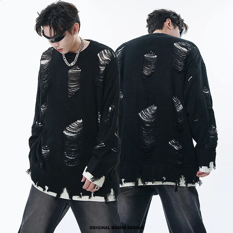 Ripped Oversize Baggy Sweater Grunge Men Women Gothic Dark Knitted Jumper Hip Hop Streetwear Pullover Loose Punk Holes Knitwear 240821