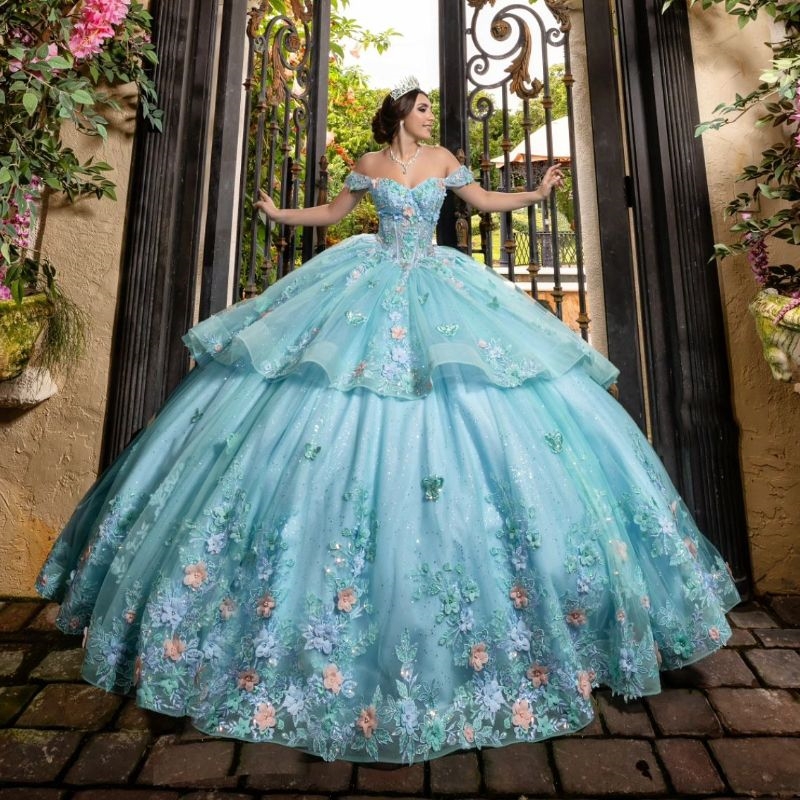 Mexican Aqua Blue Quinceanera Dresses Ball Gown Beaded Lace Appliques Flower Tull Sweet 16 Dress Princess Lace Up Vestido De 15 Anos