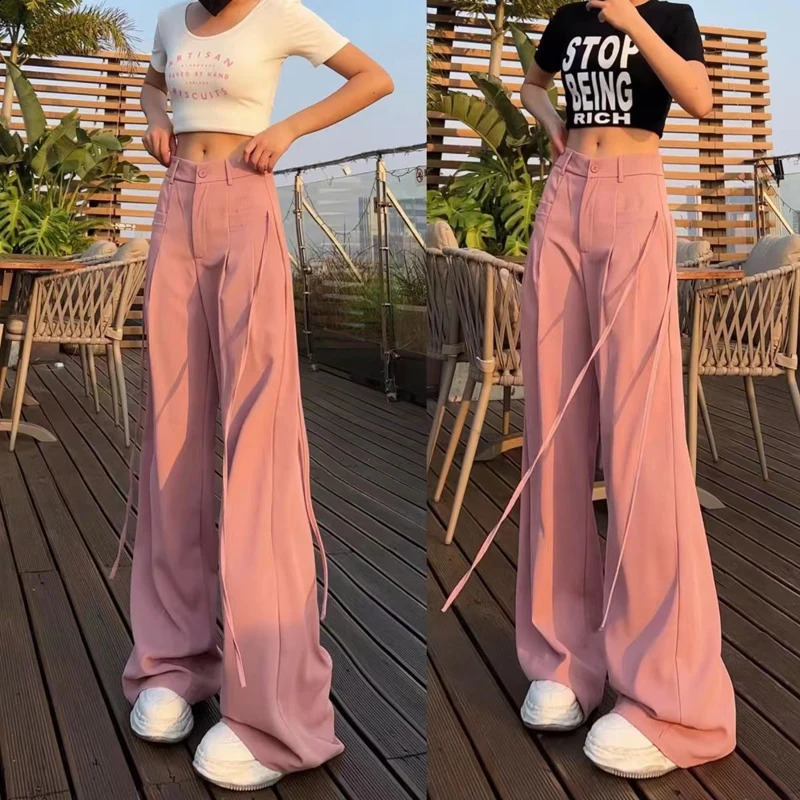 Women Korean Ribbon Casual Streetwear Harajuku Y2K Wide Leg Suit Pants Female Solid Straight Trousers High Waist Pantalones 240821