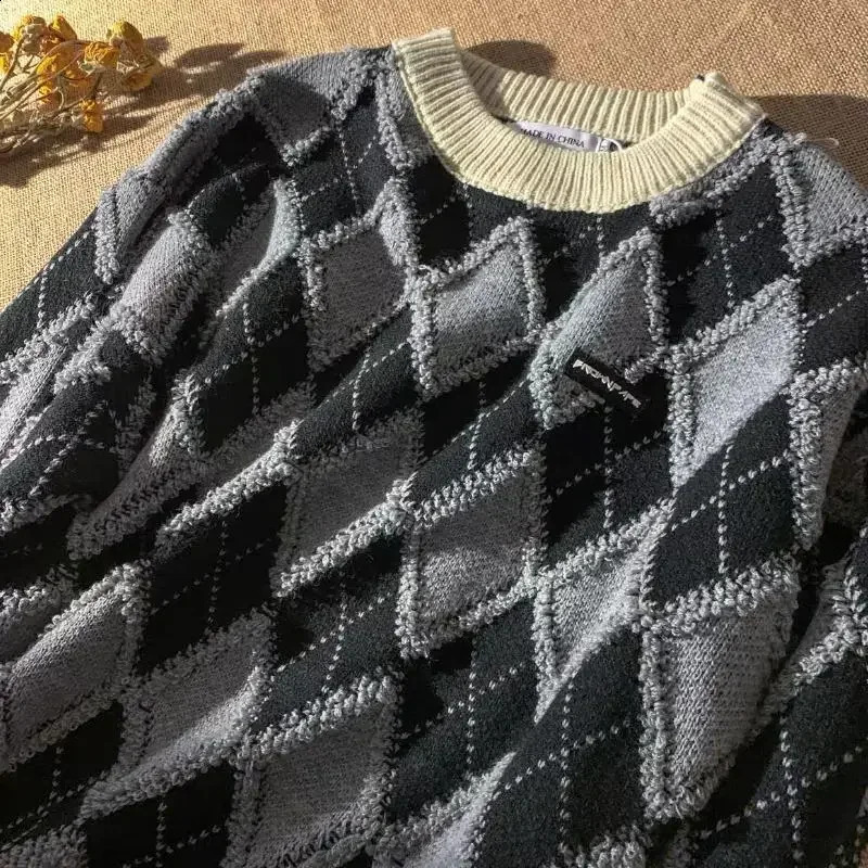 Knit Sweater Male Pullovers Spliced Mens Clothing Icon Plaid Argyle Korean Style Warm Trend Baggy Thick Winter A Cotton X 240821