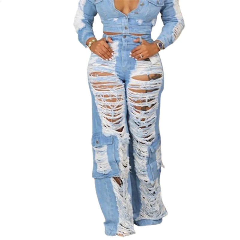Trend Hollow Out Broken Holes Jeans Women Fashion Leg Patchwork Pocket Denim Pants Female High Waist Trousers Casual Streetwear 240821