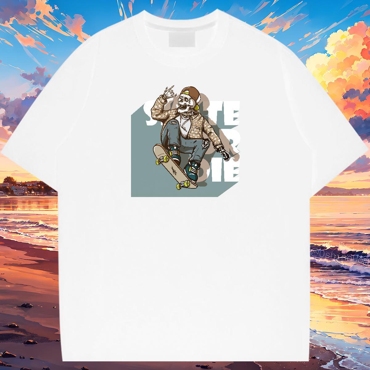 Wholesale T shirt 230g 100% Cotton skull High Street Hip Hop Customized Crew Neck Breathable Men Tops Tees Fashion Clothings