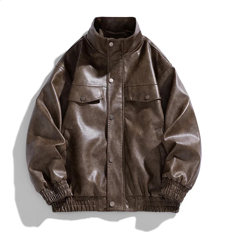 6798Autumn and winter men PU leather coat stand collar motorcycle jacket leather men Korean version slim fashion mens wear 240822