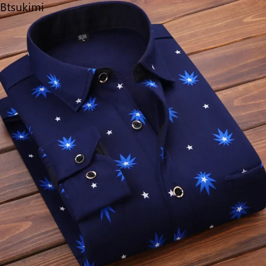 Autumn Winter Mens Clothing Fashion Retro Casual Business Long Sleeve Lapel Shirts Fleece Thicked Warm Man Print Shirt Tops 240822