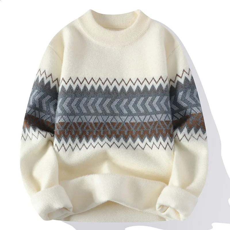 Classic Mens Knitted Pullover Sweater Retro Pattern O Neck Loose Fitting Autumn/winter Warm Casual Tops High Street Sweater 240821