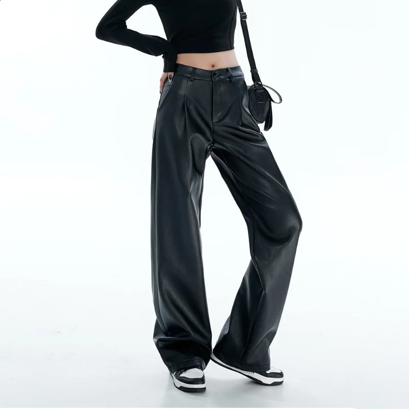 Black PU Leather Pants Women Casual Korean Fashion Baggy High Waist Straight Wide Leg Pants Streetwear Y2K Vintage Goth Punk 240821