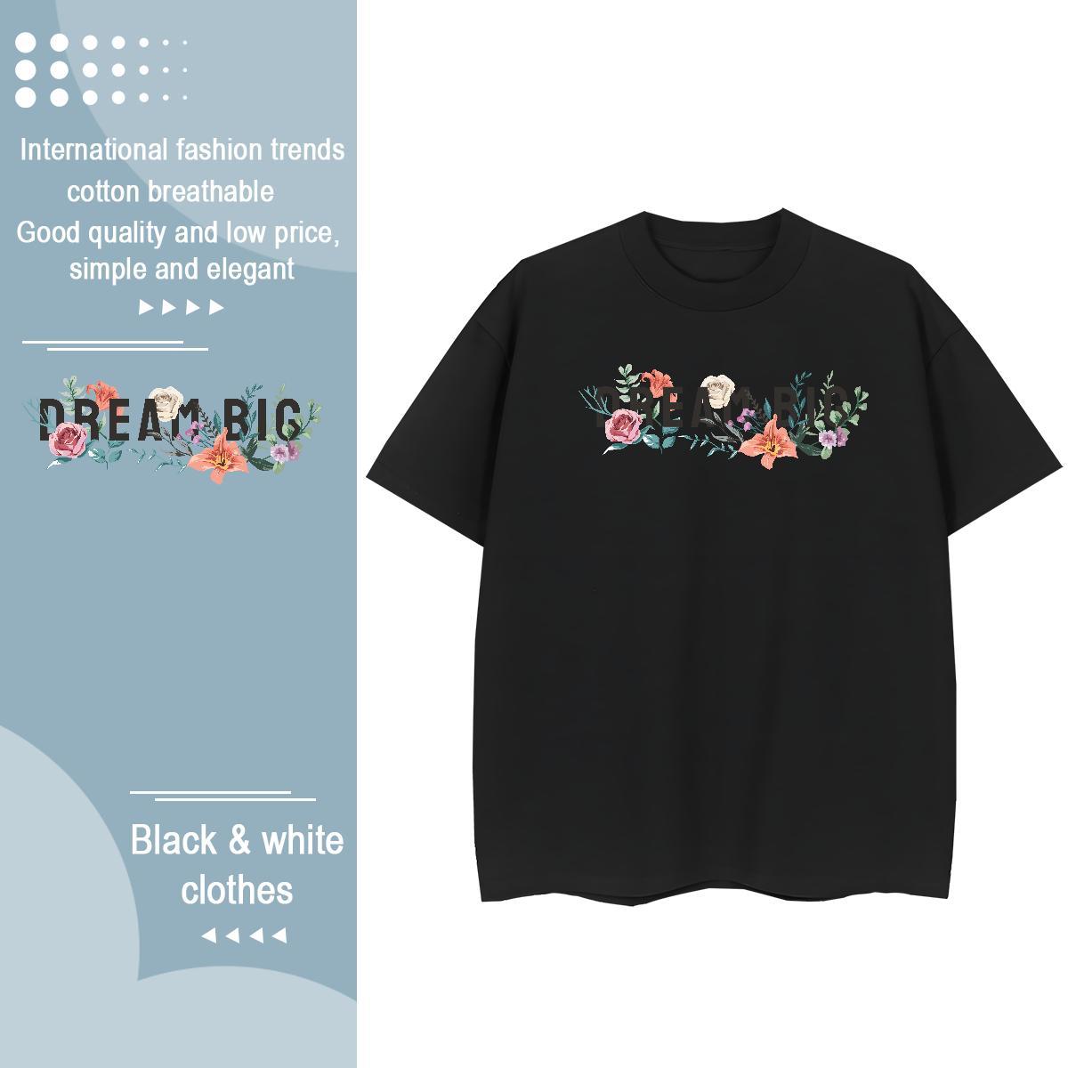 DIY Women T Shirts Short Sleeve O-Neck 230g 100% Cotton Woman Tshirt Black Oversized flower Street Lady Clothings