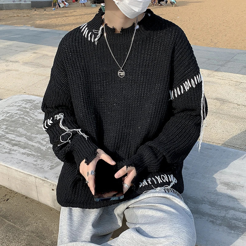 Men Autumn Winter Long Sleeve Sweater Top Mens Fringe Tassel Warm Knitted Tops Male Ripped Loose Pullovers S176 240821