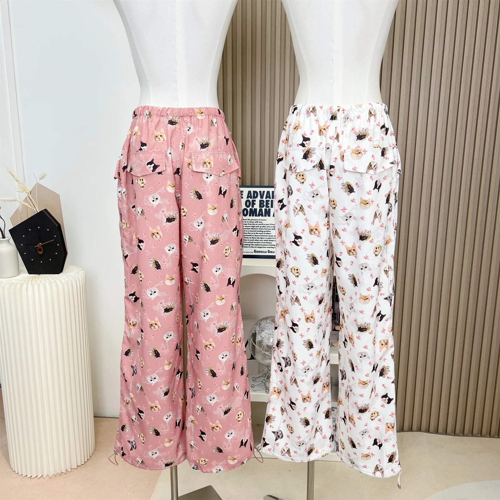 Womens Baggy Graphic Print Pink Parachute Pants Jogger Harajuku Streetwear Y2k 2000s High Waist Pants Vintage Trousers Clothes 240821