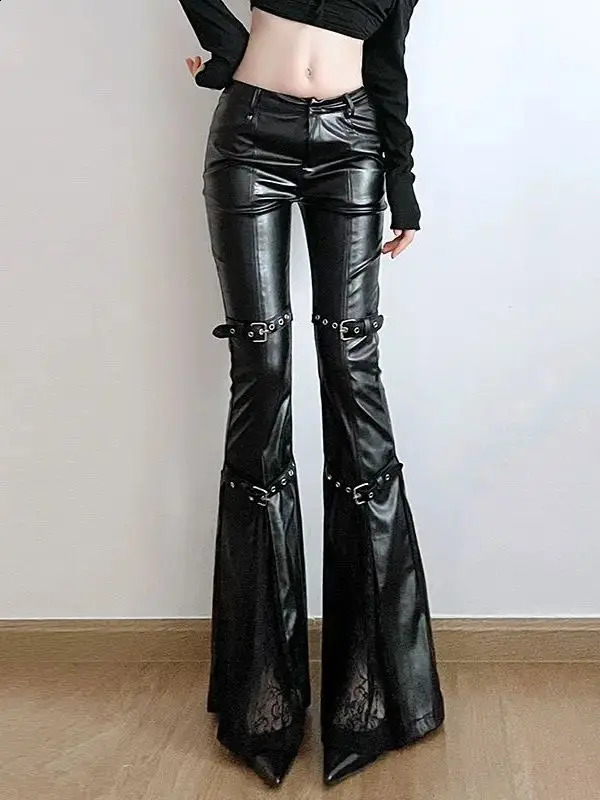 PU Leather Flare Pant Goth Buckle Lace Patchwork Pants Women Fashion Y2K Streetwear Vintage Aesthetics Casual Trouesrs 240821