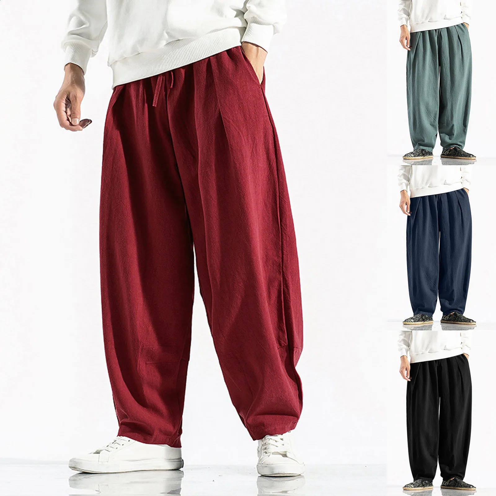 Large Size Drawstring Elastic Waist Harem Pants Mens Harem Pants Summer Fashion Casual Loose Solid Color Pants Daily Causal 240822
