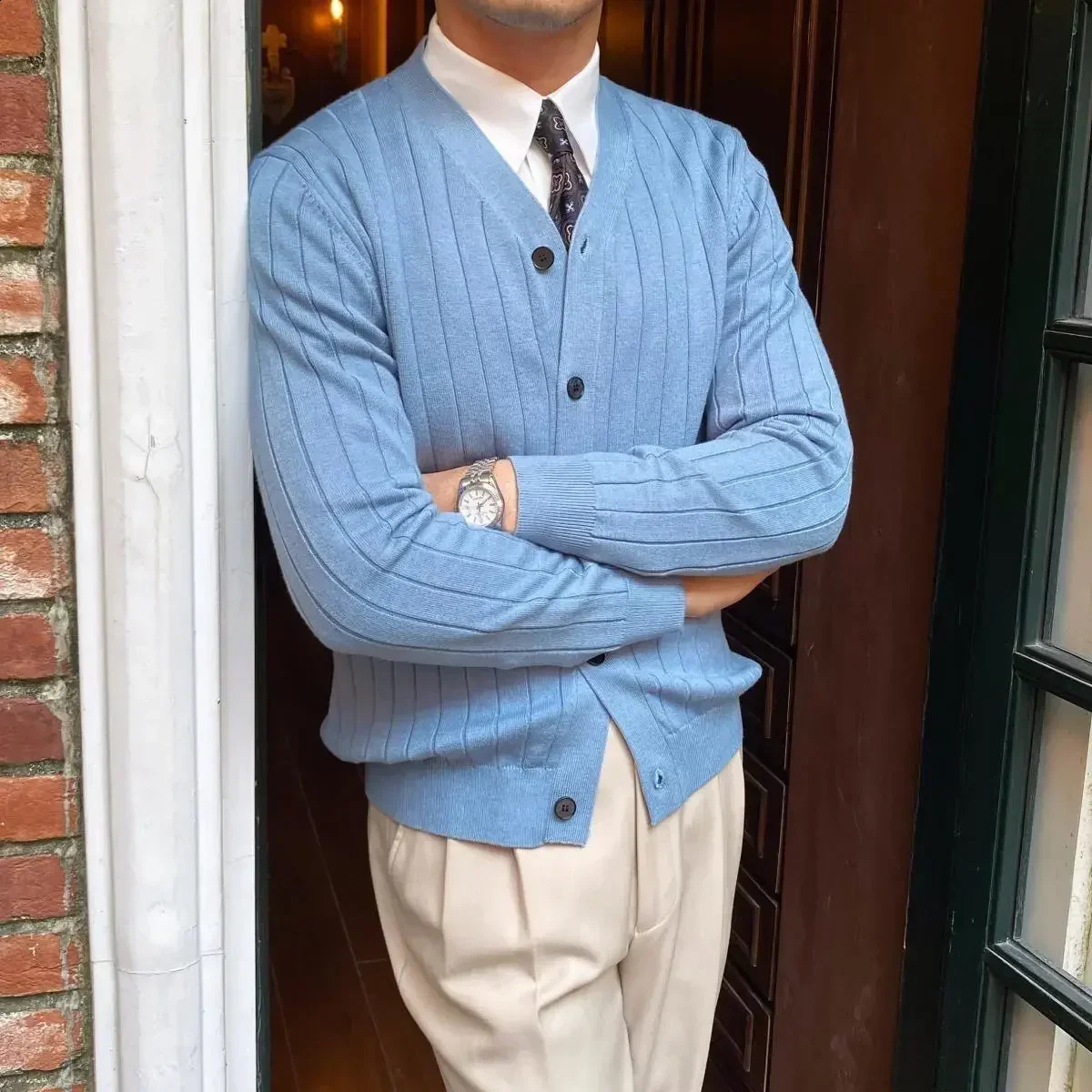 Mens Clothing Solid Color Knit Sweater Male Blue V Neck Plain Slim Fit Business Cardigan Japanese Retro in Winter Wool 240821