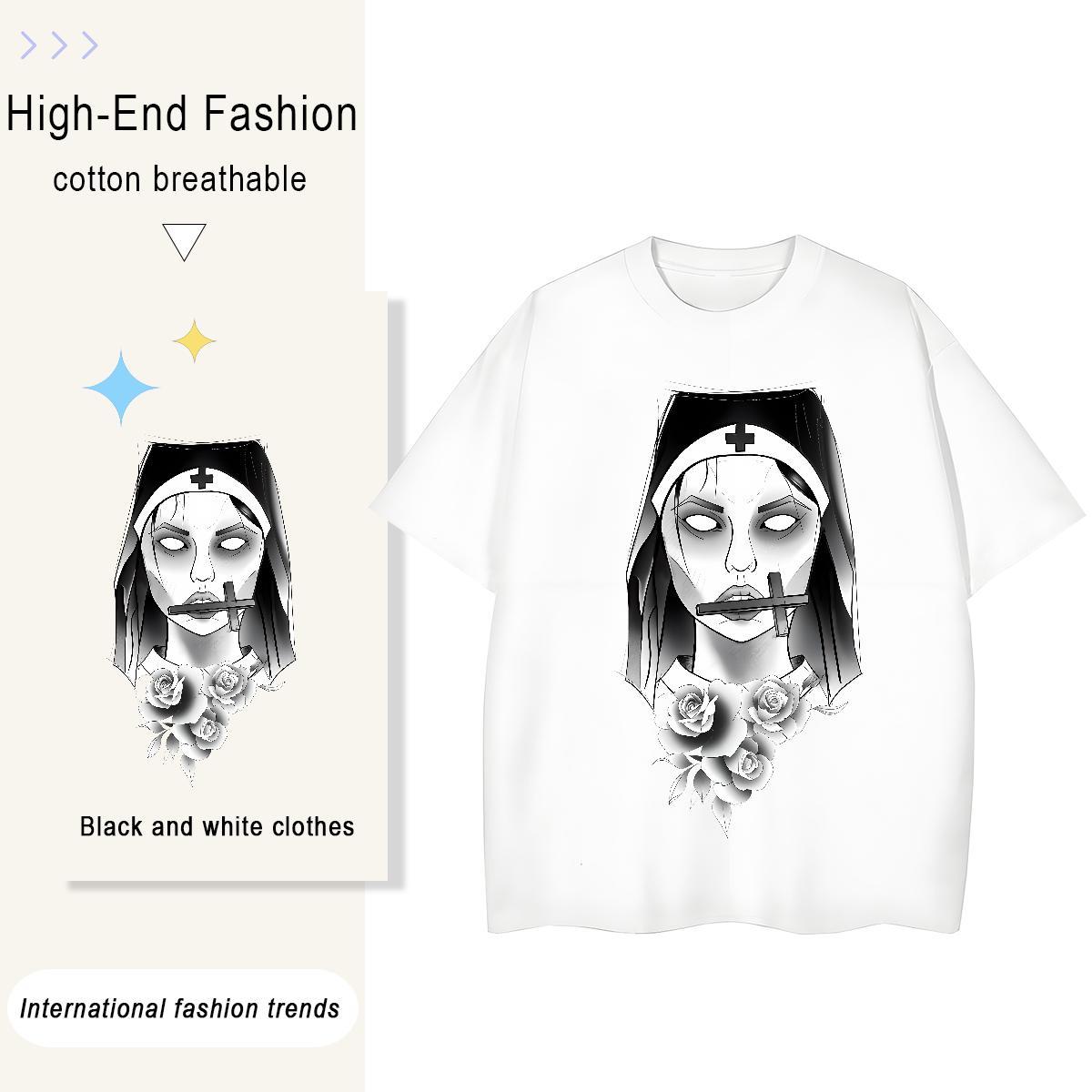 Loose Unisex Tshirts 100% Cotton 230g nun High Street Hip Hop Womens T Shirts Round Neck Short Sleeve Graphic Tees Shirts