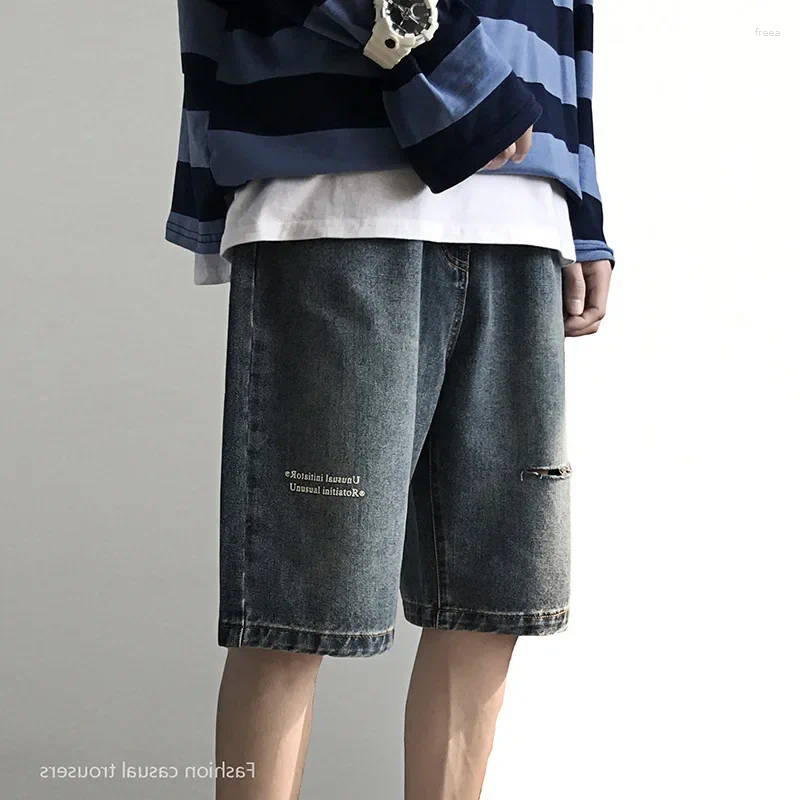 Men's Jeans Trendy Brand Loose Fit Hong Kong Style Summer Riding Breeches Hip Hop Versatile Shorts