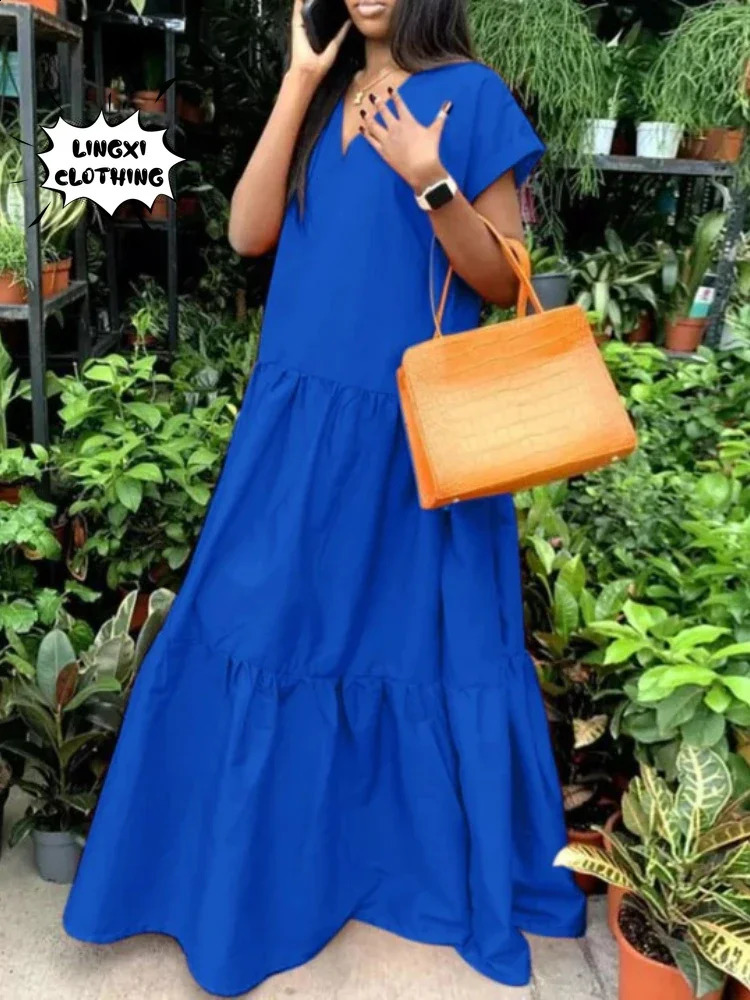 Autumn Womens Large Size Loose Elegant Womens Dress V-Neck Temperament Gathering Womens Gown Sexy Holiday Dress 240822