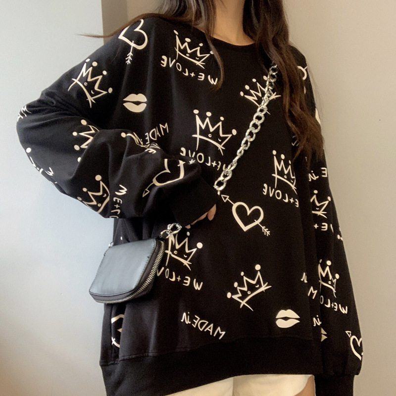 Front and back graffiti printed long sleeved hoodie for women, autumn new Korean version casual loose thin student top trend dongdumaoyi
