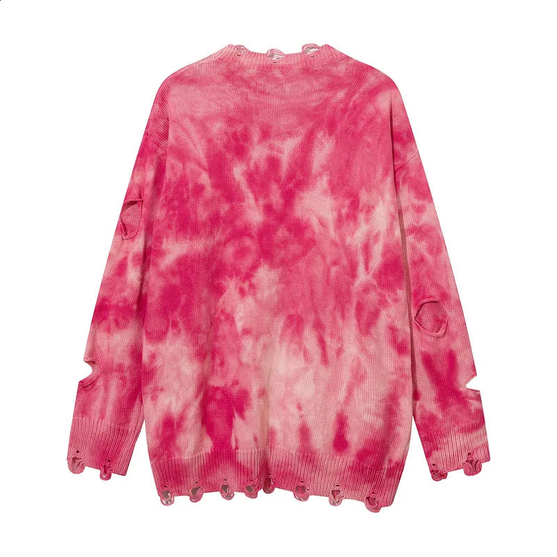 Autumn Fashion Tie-dye Vintage Ripped Hole Punk Sweater Men Women Harajuku Street Hip Hop Pink Knitwears Pull Homme 240821