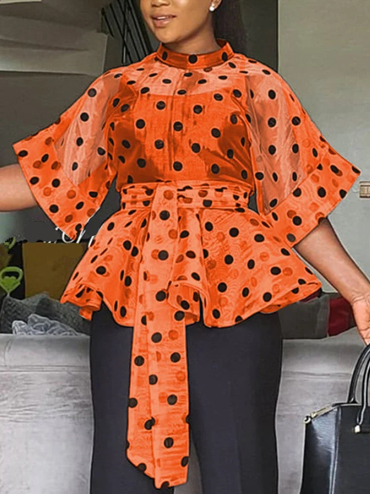 Plus Size Women White Blouses Polka Dot Peplum See Through Sexy Thin Transparent Half Flare Sleeve Waist Belt Tops Shirt Fashion 240821