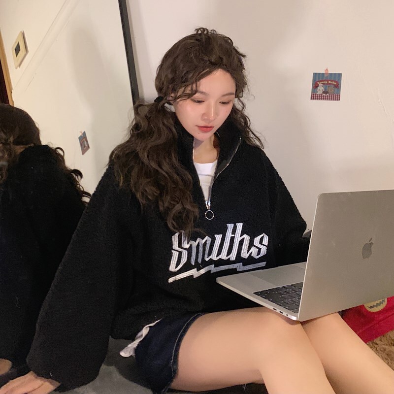 Autumn/Winter New Korean Edition Letter Lamb Plus Fleece Thickened Stand up Collar Zipper Pullover Long Sleeve Hoodie Women's Coat dongdumaoyi