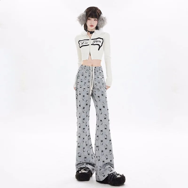 QWEEK Y2K Cartoon Print Sweatpants Women Cute Kawaii loose Casual Drawstring Wide leg pants Streetwear Harajuku High Waist Pants 240821