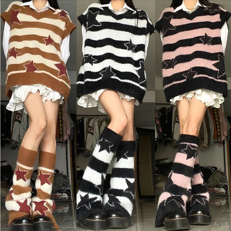 Gothic retro Y2K black and white punk striped star outdoor casual oversized loose womens knitted patchwork sweater 240821