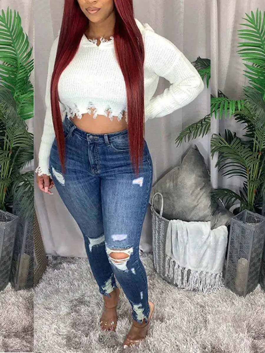 LW Plus Size High-waisted Ripped Jeans Zipper Fly L-5XL Strt Solid Color Holes Stretchy Sheath Skiny Women Pants Z260313