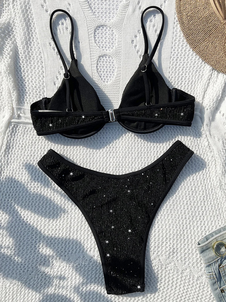 Shiny Sparkling Underwired V-bar Bikini Women Swimwear Female Swimsuit Two-pieces Bikini Set Smocked Push Up Bathing Suit Swim 240822