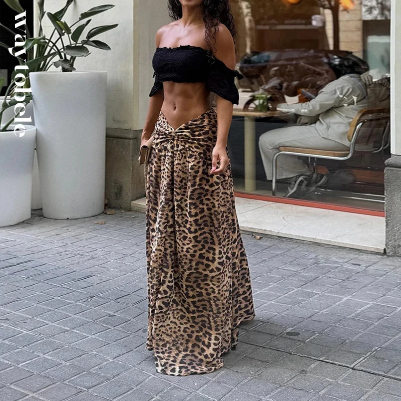Waytobele twopiece summer womens fashionable off shoulder solid short sleeved pleated ultrathin leopard print top 240821