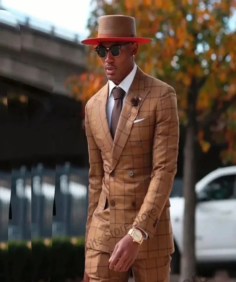2 Pieces Double Breasted Brown Plaid Wedding Men Suits Slim Fit Lapel Groom Tuxedos Sets Classic Male Blazer Costume Homme 240821