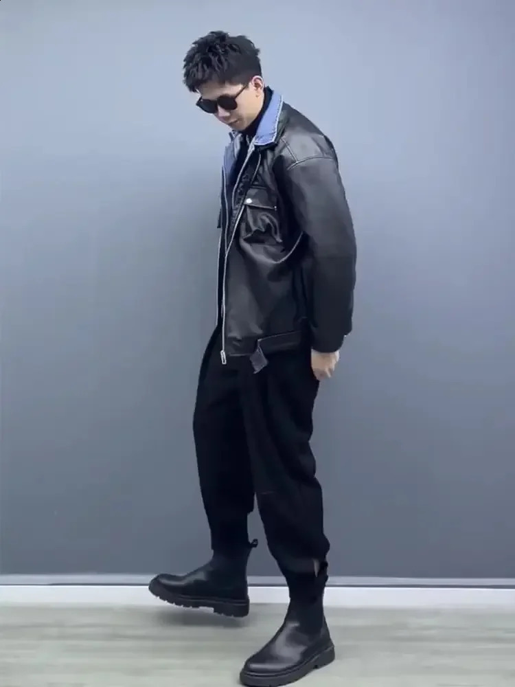 Trendy Two-piece Illusionjacket Denim Jacket For Men Spring Autumn Style Spliced Leather Jacket Versatile Lapel For Wear 240822