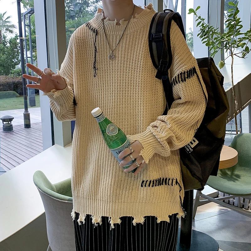 Men Autumn Winter Long Sleeve Sweater Top Mens Fringe Tassel Warm Knitted Tops Male Ripped Loose Pullovers S176 240821