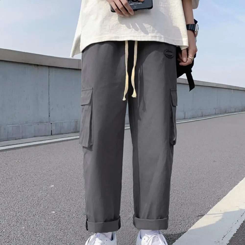 Mid-Rise Elastic Waist Drawstring Pockets Pants Men Straight Wide Leg Solid Color Casual Pants Streetwear pantalones hombre 240822