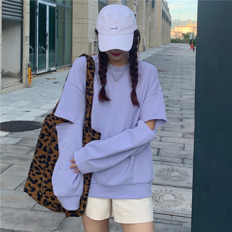 Autumn New Korean Edition Simple Solid Color Piercing Careful Machine Long Sleeve Women's Hoodie Loose Casual Top dongdumaoyi