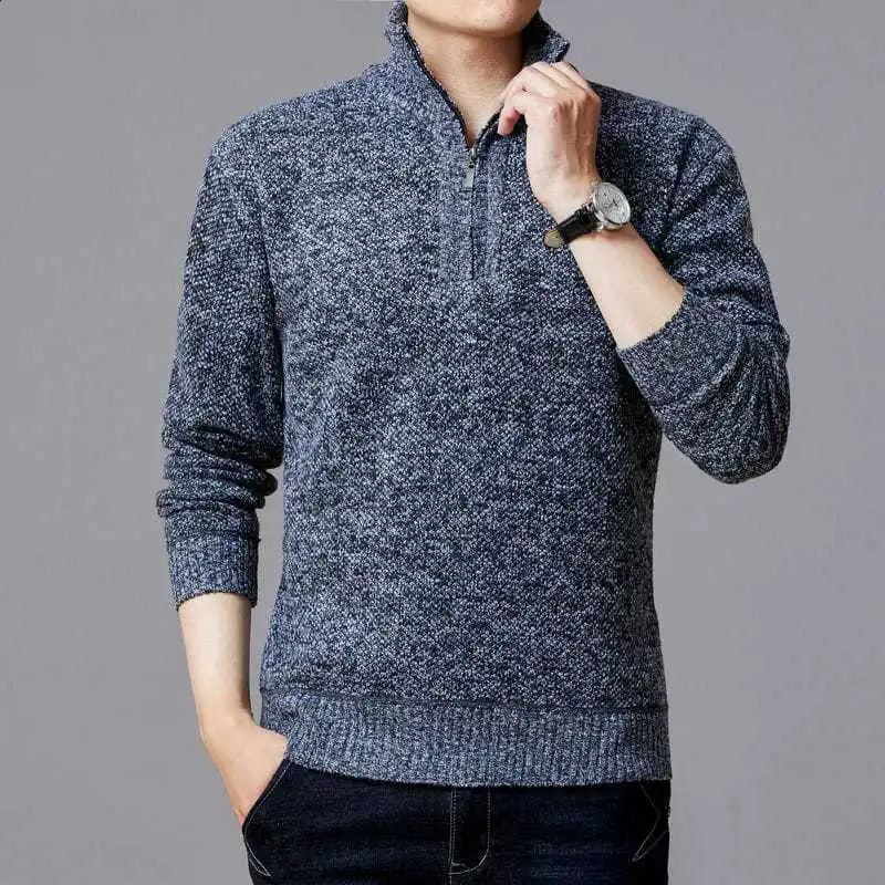 Simple mens autumn thick solid color sweater warm and casual stand up collar knitted floral fashion clothing 240821