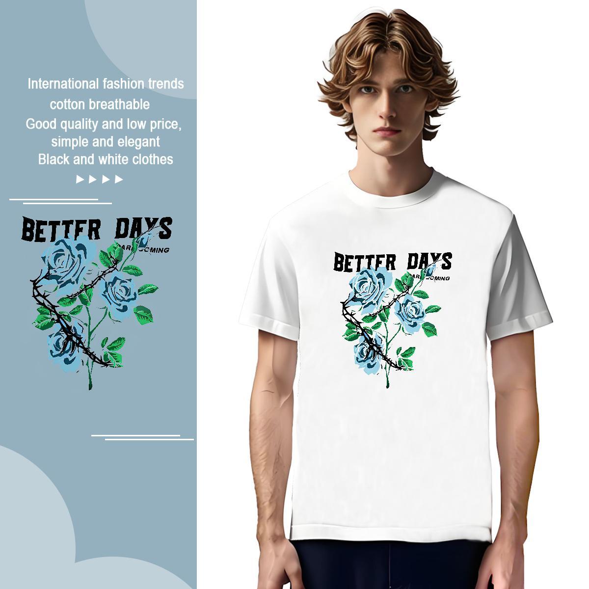 Free Shipping Men T Shirts flower Breathable Daily Wear Anime Print 230g Pure Cotton Men Clothes T-Shirt New Designer Tops Shirt