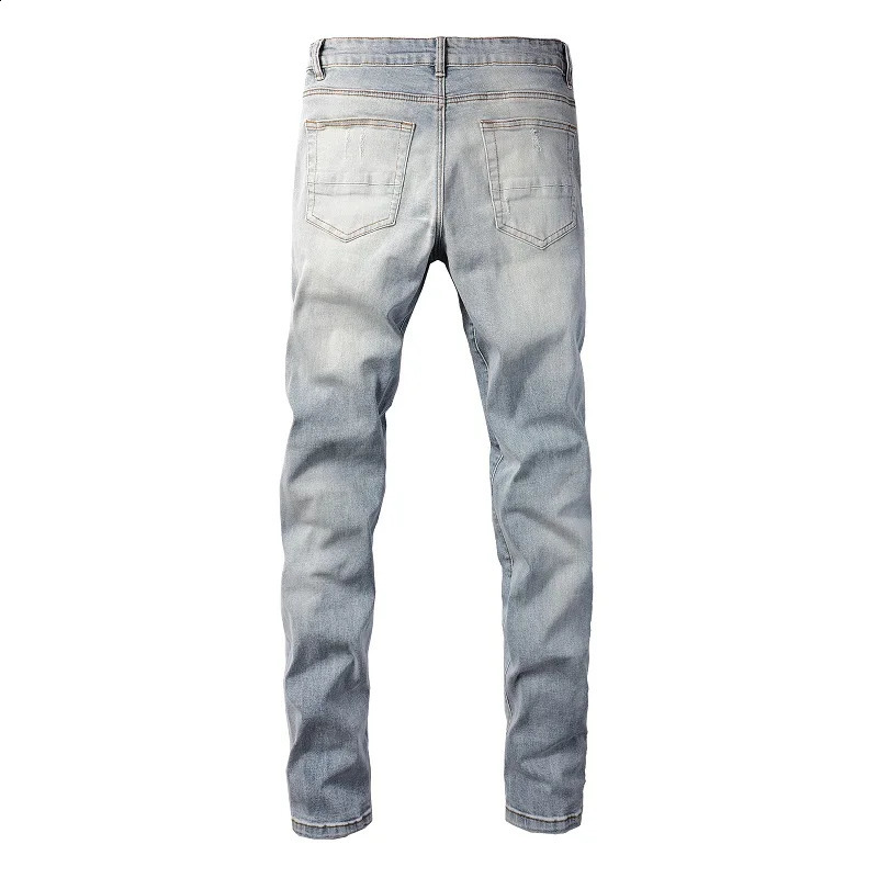 Men Leather Patches Denim Jeans Streetwear Holes Ripped High Stretch Pants Light Blue Skinny Tapered Trousers 240821
