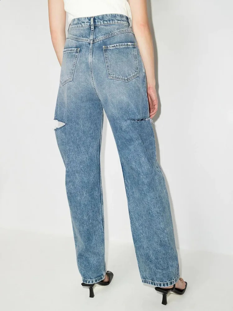 DEAT Fashion Womens Loose High Waist Wide Leg Denim Pants Hollow Blue Long Straight Jeans Autumn Collection L2901H 240821