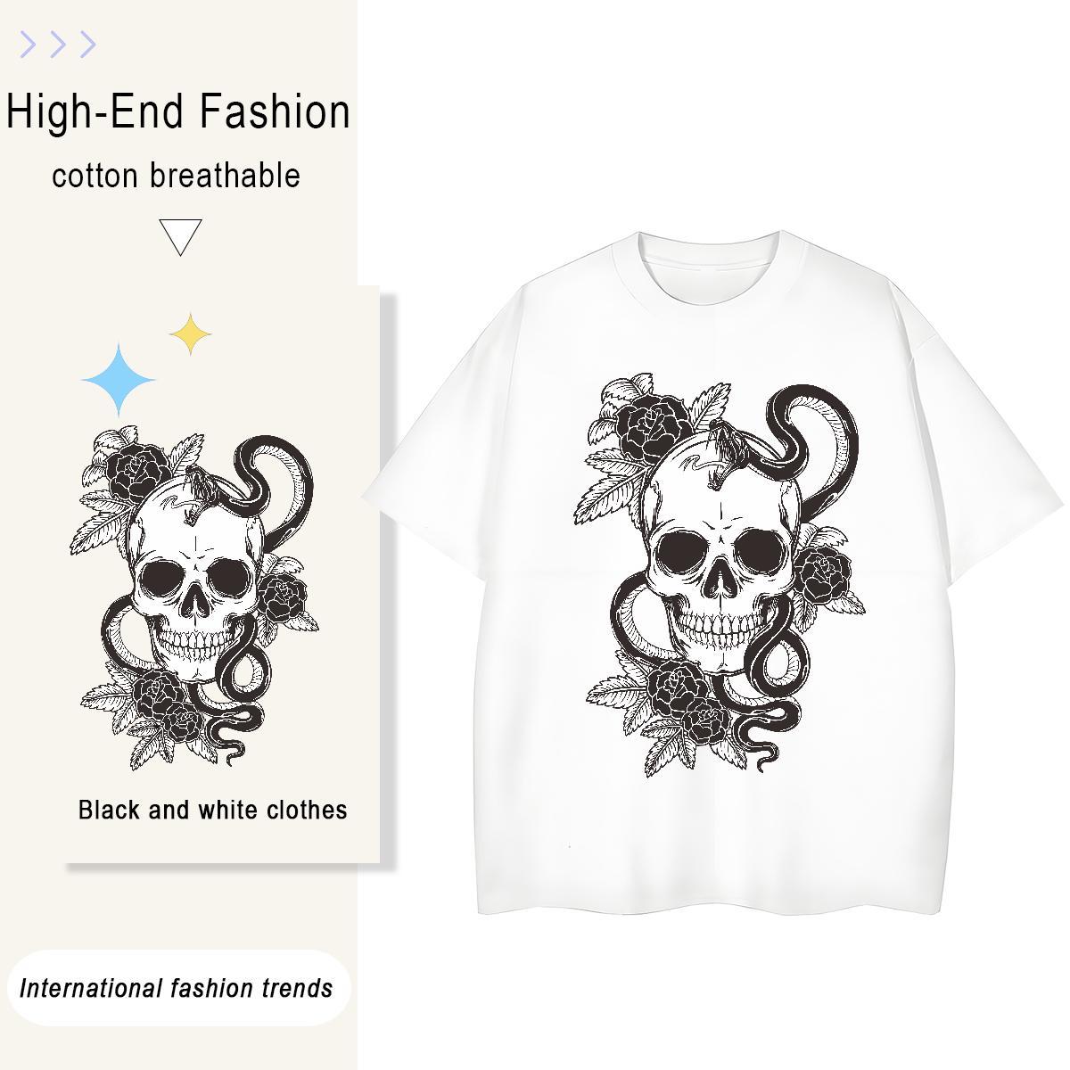 Casual New Woman T Shirts 230g 100% Cotton Short Sleeve O-Neck Home Outdoor skull Women Tshirts Popular Cartoon Print Tee Shirt
