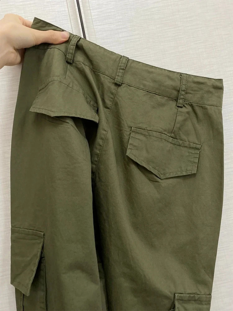 Womens green cargo pants bag casual Y2k street clothing jogging 90s retro Harajuku straight three person 240821