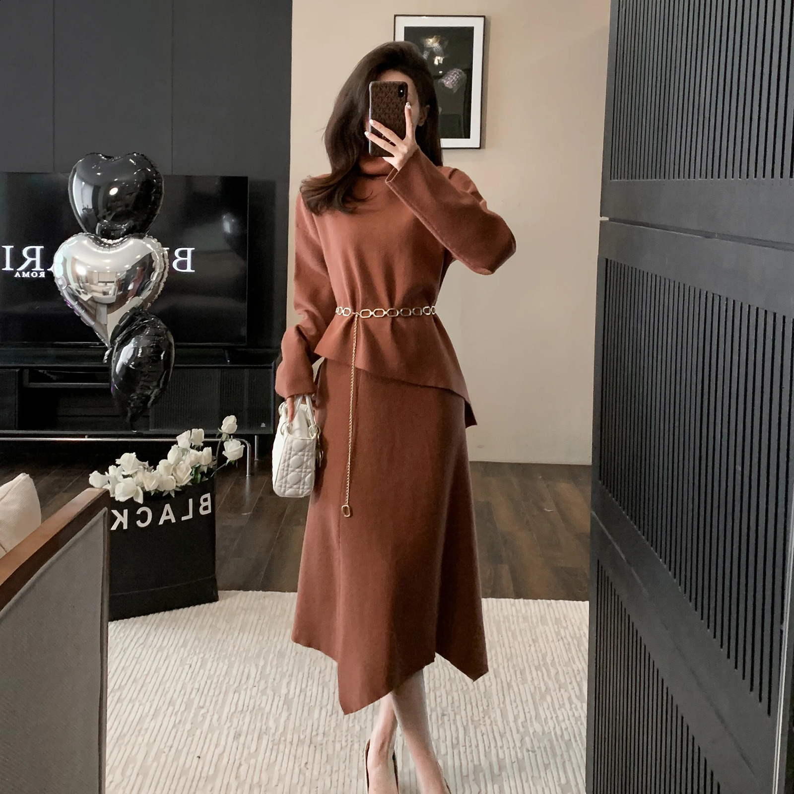 ZJYT Autumn Knitted Dress Set 2piece Womens Fashion Long Sleeve Navy Blue Neck Sweater and Belt Tight Clothes 240821