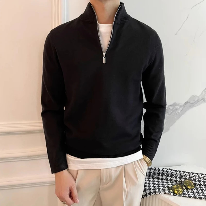 autumn fashion standing collar sweater mens long sleeved zipper ultrathin jumping top winter casual solid color 240821