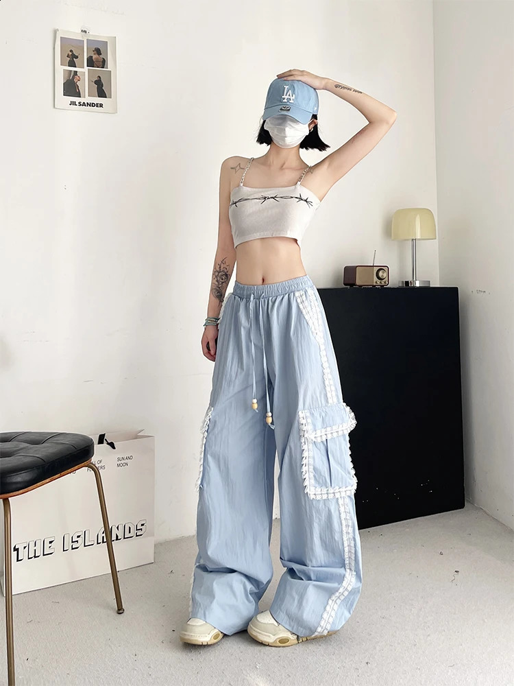 Womens Blue Cargo Pants Baggy Streetwear Harajuku Japanese 2000s Style Y2k Lace Parachute Pants Vintage Trousers Clothes 240821